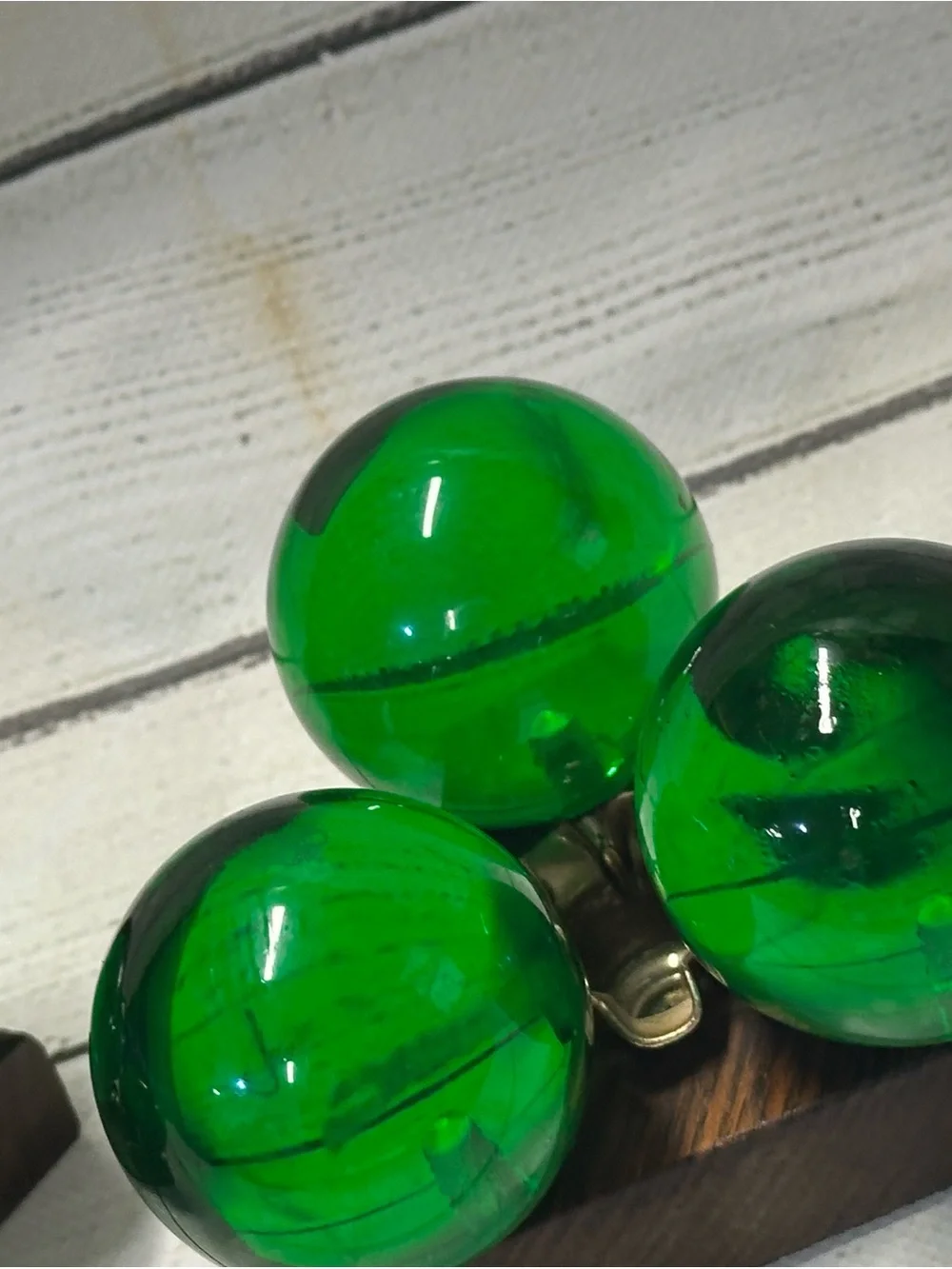 Vintage Green Lucite Atomic MCM Ball Candles & Holder Pair  Triangle Wood  Base
